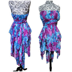 Y2k Babydoll Hi Low Dress S Strapless Chiffon Floral Paisley Teal fuchsia Fairy